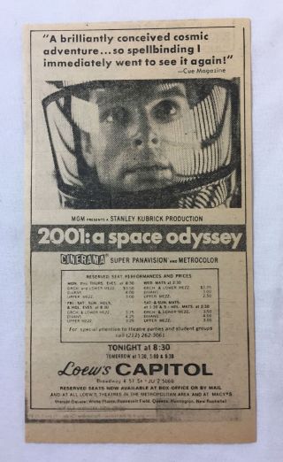 1968 Newsprint Movie Ad 2001 A Space Odyssey 4x7 Inches