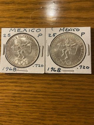 2 1968 Uncirculated Silver Mexican Olympic 25 Pesos