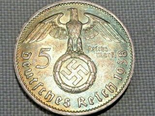 Third Reich Nazi Wwii Hitler Silver 1938 J Hamburg 5 Reichs Mark Swastika