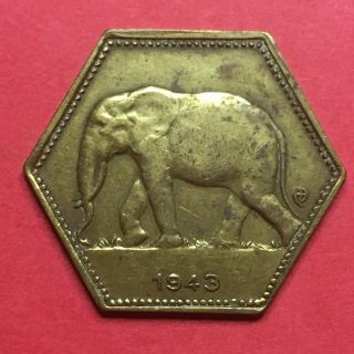 Belgian Congo 1943 2 Francs Elephant Hexagonal Brass Coin