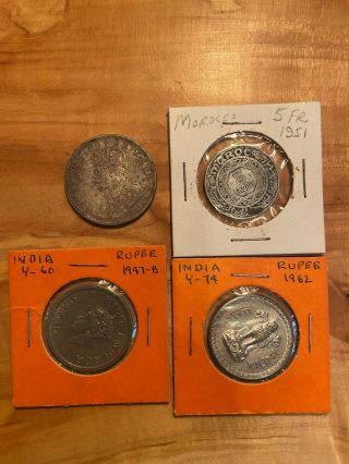 4 Silver Coins - India / Morocco 1 Rupee 1947 1962 1914,  5 Francs 1951