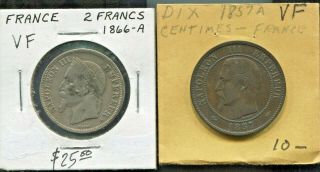 France - 2 Historical Napoleon Iii Coins,  10 Centimes & Silver 2 Francs