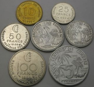 Comoros 1,  2,  5,  10,  25,  50,  100 Francs 1964/1982/1999 - 7 Coins - L32 ¤