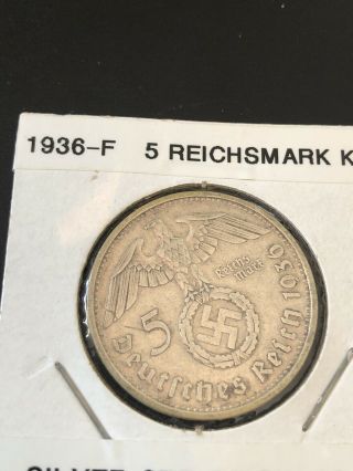 1936 F 5 Mark German Ww2 Silver Coin Third Reich Swastika Reichsmark