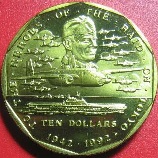 1992 Marshall Island $10 Brass First Air Raid On Tokyo Ship Plane Doolittle Wwii