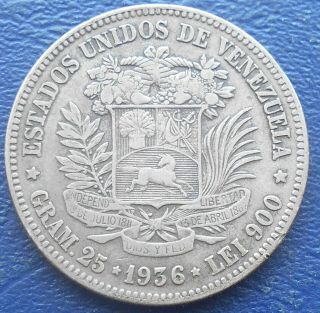 . 900 Silver 1936 Venezuela 5 Bolivares Y 24.  2 Simon Boliva Grade 716
