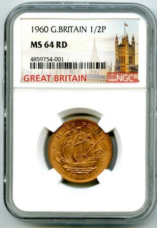 1960 Great Britain 1/2 P Half Penny Ngc Ms64 Rd Golden Hind Design Halfpenny 001