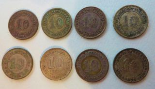 Malaysia - Straits Settlements,  8 Silver 10 Cent Coins 1917 - 1941,  USA Ship. 2