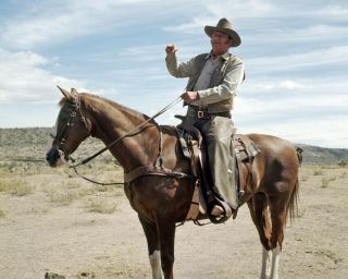 John Wayne Iconic Pose Of The Duke On Horseback Holding Reins 1970 8x10 Photo