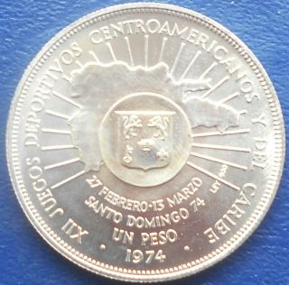 . 900 Silver 1974 Dominican Republic Peso 12th Central American Games Gem Bu 715
