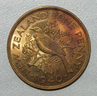 Zealand 1940 Penny,  Uncirculated Red,  First Year Of Issue,  Km 13
