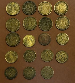 Germany,  Weimar Republic.  20 Coins 5,  10 Reichspfennig,  1924.  1925.  1926,  1929,  1936