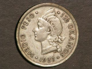 Dominican Republic 1937 1/2 Peso Silver Vf