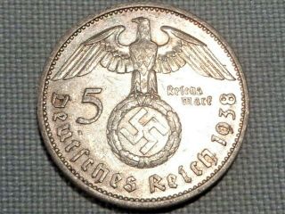 Third Reich Nazi Wwii Hitler Silver 1938 A Berlin 5 Reichs Mark Swastika
