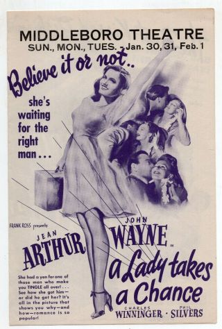 1943 Advertising Brochure,  A Lady Takes A Chance Movie With John Wayne