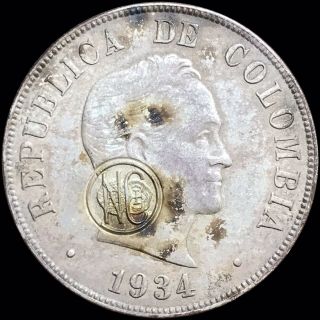 1934 Colombia 50 Centavos Km 274 Foreign Silver Coin Numismatico 1974 Stamp