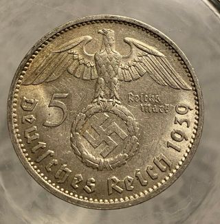 Hindenburg Ww Ii German Silver Coin 1939 J 5 Reichsmark 900 Silver