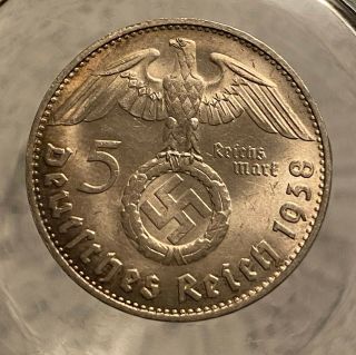 Hindenburg Ww Ii German Silver Coin 1938 D 5 Reichsmark 900 Silver