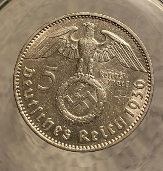 Hindenburg Ww Ii German Silver Coin 1936 J 5 Reichsmark 900 Silver