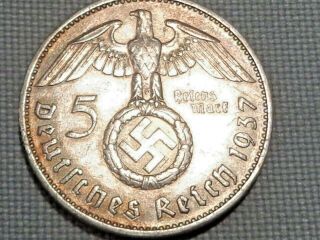 Third Reich Nazi Wwii Hitler Silver 1937 F Stuttgart 5 Reichs Mark Swastika