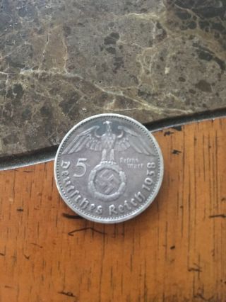 Ww2 Nazi Germany 5 Reichsmark Hindenburg Silver Swastika Coin 1938