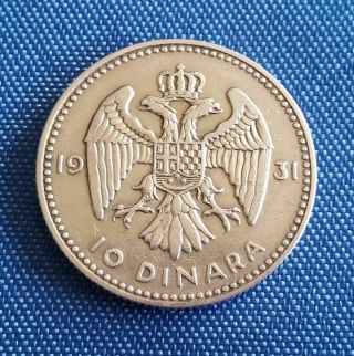 Yugoslavia 10 Dinara 1931,  Km 10,  King Alexander I 1918 - 1934,  Silver Coin