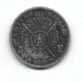 France:1869 Bb 5 Francs Silver Crown Size Napoleon Iii F,