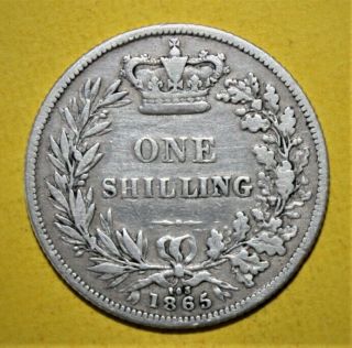 Great Britain 1 Shilling 1865 (die 103) Fine / Very Fine Silver Coin - Victoria