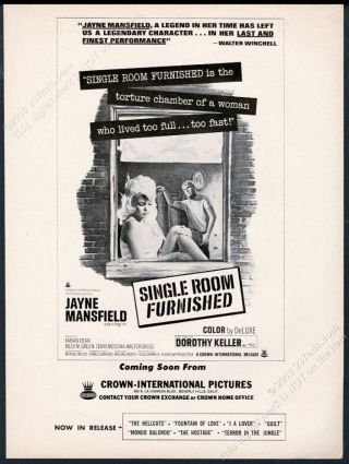 1968 Jayne Mansfield Photo Single Room Furnished Movie Unusual Trade Ad