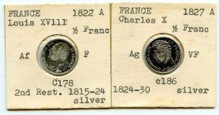 1822 & 1827 France 1/2 Franc Silver Coins.  Starts@ 2.  99