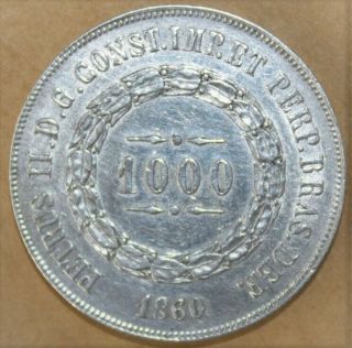 Brazil 1000 Reis 1860 Uncirculated Silver Coin - D Pedro Ii -