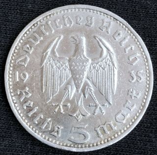 1935 D 5 Reichsmark German Silver Coin