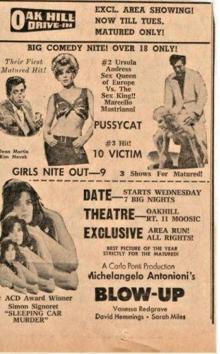 Oak Hill Drive - In - Moosic Pa - Pussycat & Blow Up - Sunday Independent Ad 1967