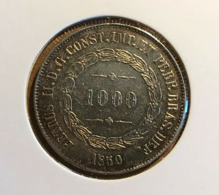 Brazil - 1850 1000 Reis Vf Silver - Scarce