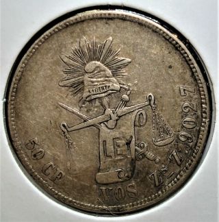 1887 Zs Z Silver 50 Centavos Coin From Mexico,  Rarer