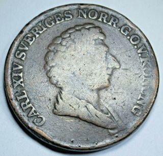 1836 Sweden 1 Skilling Antique 1800 ' s Old Swedish Copper Banco Carl XIV Coin 2