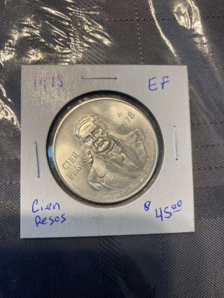 Mexico Silver 100 Pesos 1978 Mexican Cien Pesos Uncirculated.  Bu Ef