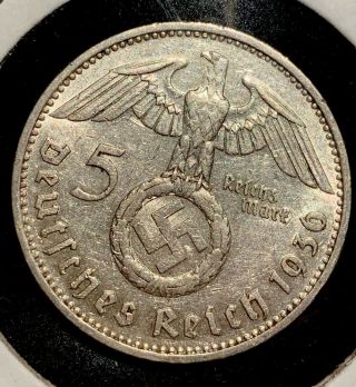 1936 F 5 Mark German Ww2 Silver Coin Third Reich Swastika Reichsmark