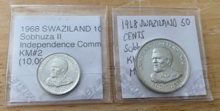 1968 Swaziland 10 Cents (km 2) And 50 Cents (km 4) Proof