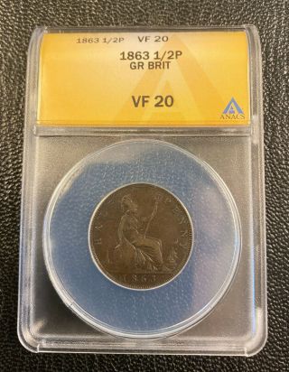 1863 1/2 Pence Half Penny Anacs Vf20 Great Britain Sweet Coin