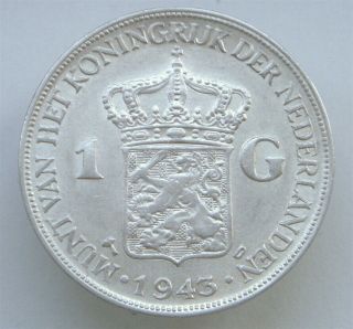 Netherlands East Indies,  1 Gulden,  1943,  D,  Km330,  Silver 720,  Au,  Wilhelmina