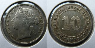 3: 1896 Straits Settlements Malaya Singapore Queen Victoria 10 Cents Coin Xf