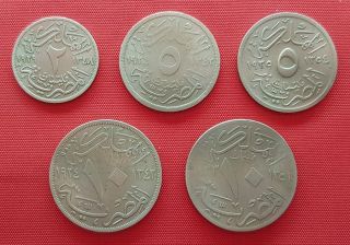 Egypt 5 Coins,  2,  5,  10 Milliemes 1924,  1929,  1933,  1935,  King Faud,  Vf - Xf
