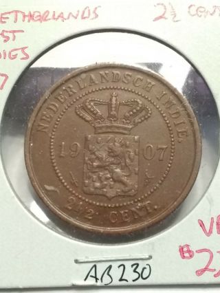 1907 Netherlands East Indies 2 - 1/2 Cent Coin Very Fine,  Ab230