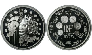 6,  55957 Francs 2000 France Silver Coin Europa Monnaie de Paris Box,  Cert 1259 2