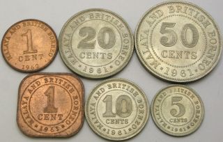 Malaya & British Borneo 1,  5,  10,  20,  50 Cents 1961/1962 - 6 Coins - 2433 ¤