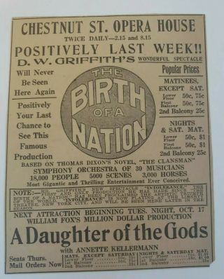 1916 Birth Of A Nation Silent Film Ad 4x5