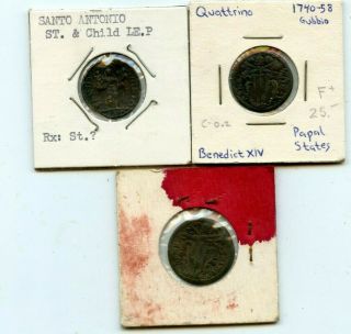 1740 Papal States.  Italy 3 Pc.  Early Santo Antonio Copper Coins.  Starts@ 2.  99
