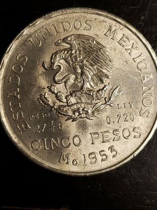 X21 Mexico 1953 Silver Ano De Hidalgo 5 Pesos Bu
