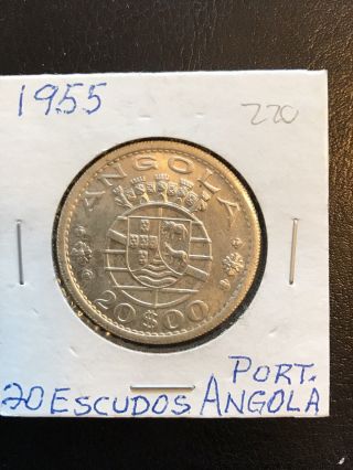 Portuguese Angola Silver 20 Escudos 1955 Unc